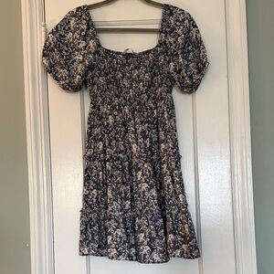 Altar’d State Navy Floral Puff-Sleeve Smocked Mini Dress